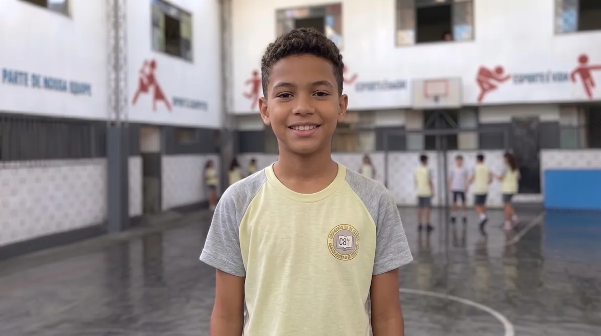 Aluno do Ensino Fundamental na quadra do colégio